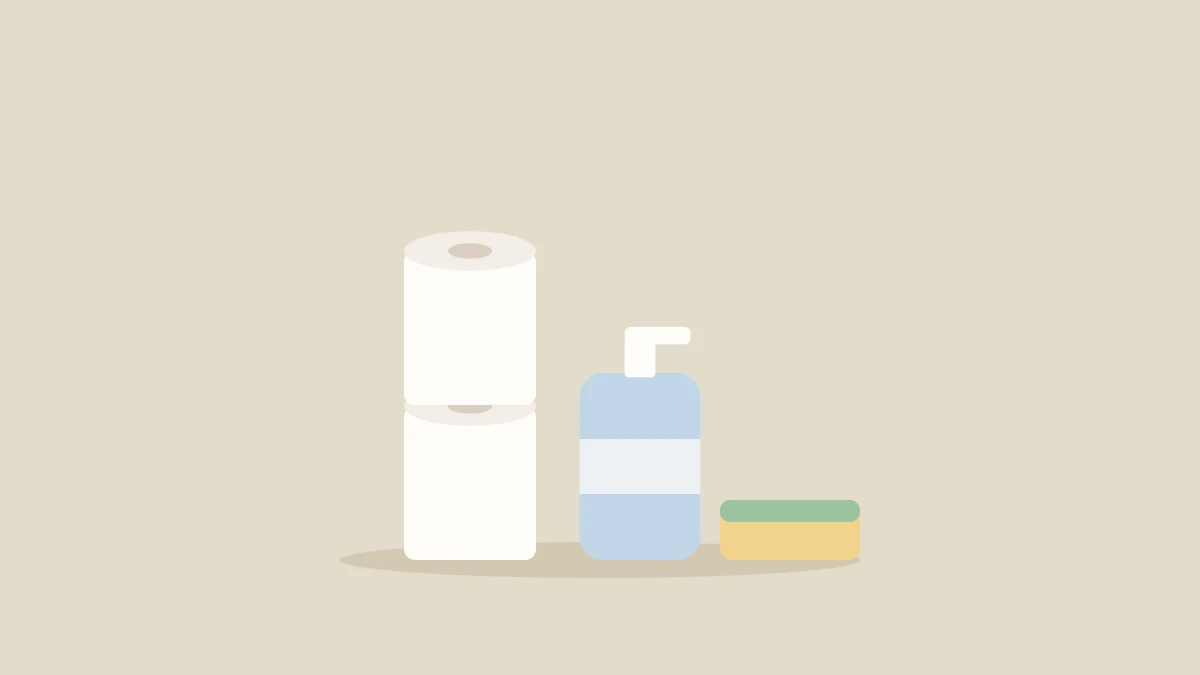 トイレットペーパーと洗剤とスポンジ